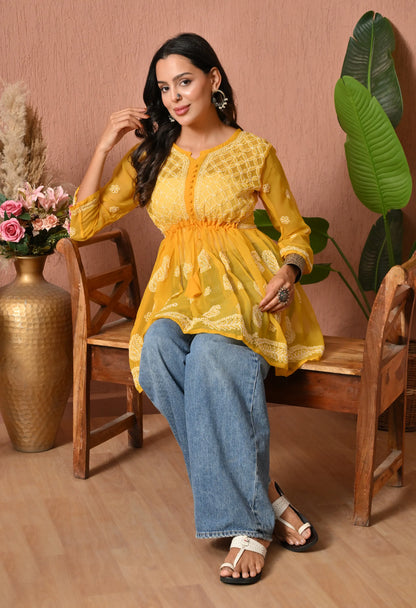 SOFT GEAORGETTE CHIKAN HANDWORK SHORT GOWN | MUSTARD YELLOW