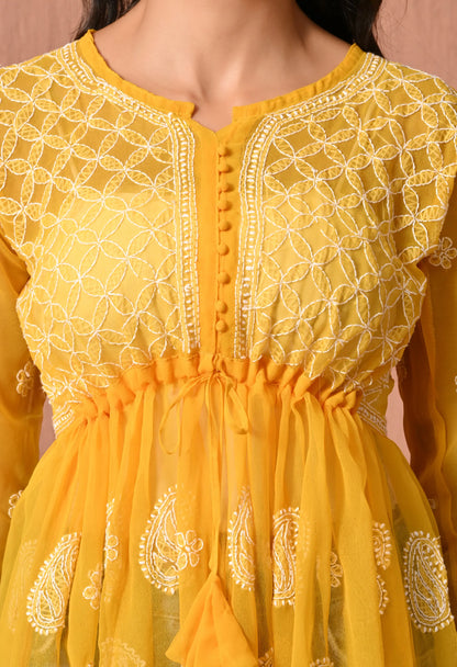 SOFT GEAORGETTE CHIKAN HANDWORK SHORT GOWN | MUSTARD YELLOW