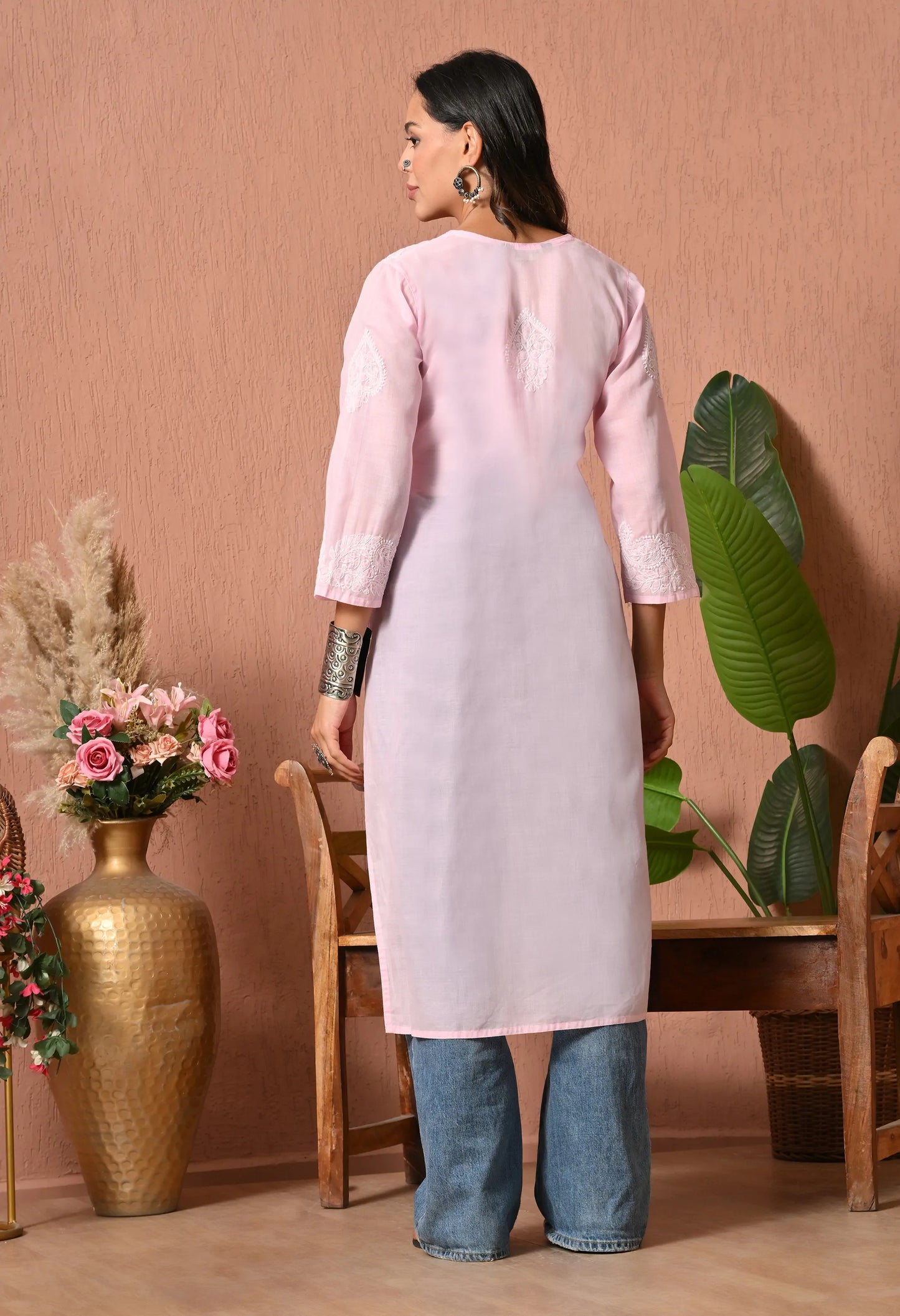 PURE COTTON CHIKAN HANDWORK LONG KURTI | PINK