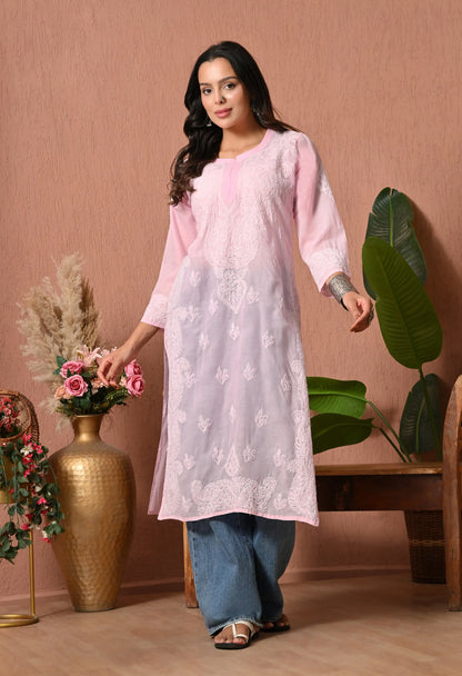PURE COTTON CHIKAN HANDWORK LONG KURTI | PINK