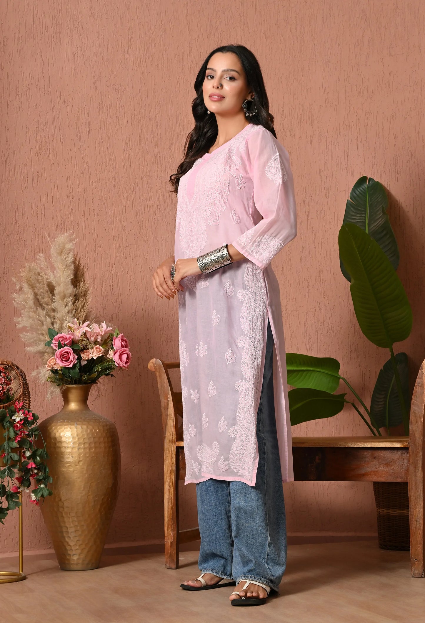 PURE COTTON CHIKAN HANDWORK LONG KURTI | PINK