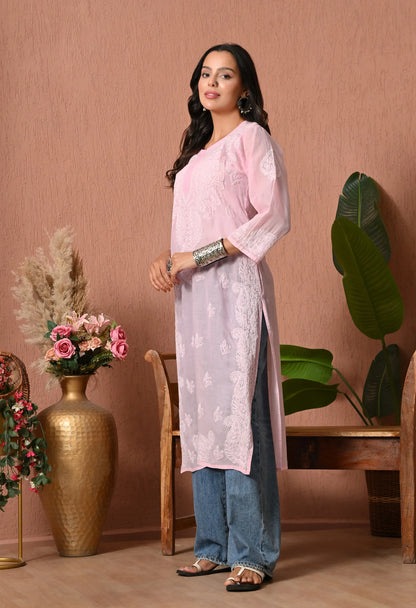 PURE COTTON CHIKAN HANDWORK LONG KURTI | PINK