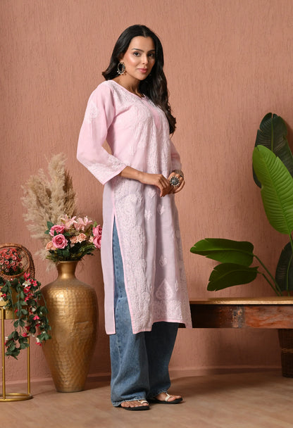 PURE COTTON CHIKAN HANDWORK LONG KURTI | PINK