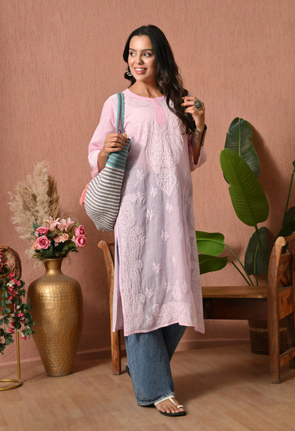 PURE COTTON CHIKAN HANDWORK LONG KURTI | PINK