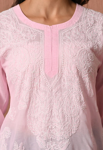 PURE COTTON CHIKAN HANDWORK LONG KURTI | PINK
