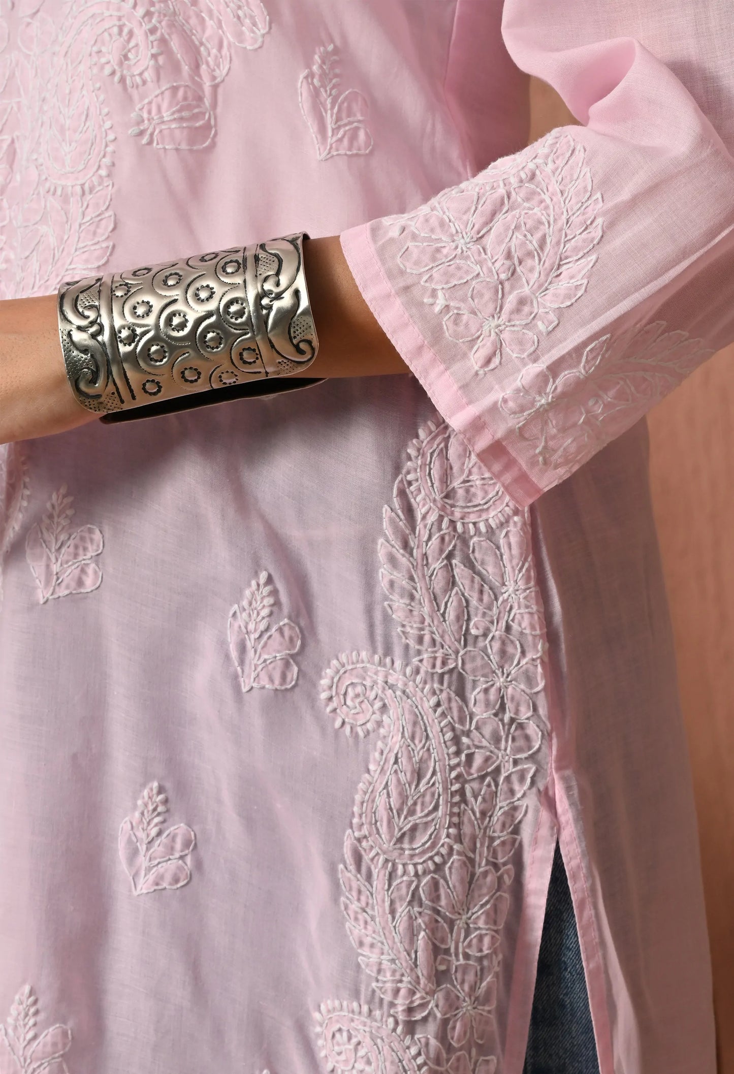 PURE COTTON CHIKAN HANDWORK LONG KURTI | PINK
