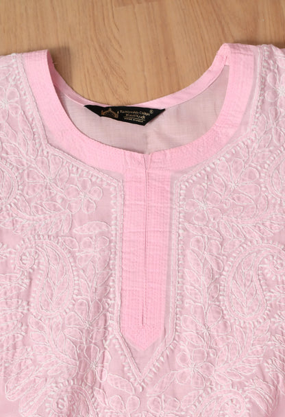 PURE COTTON CHIKAN HANDWORK LONG KURTI | PINK