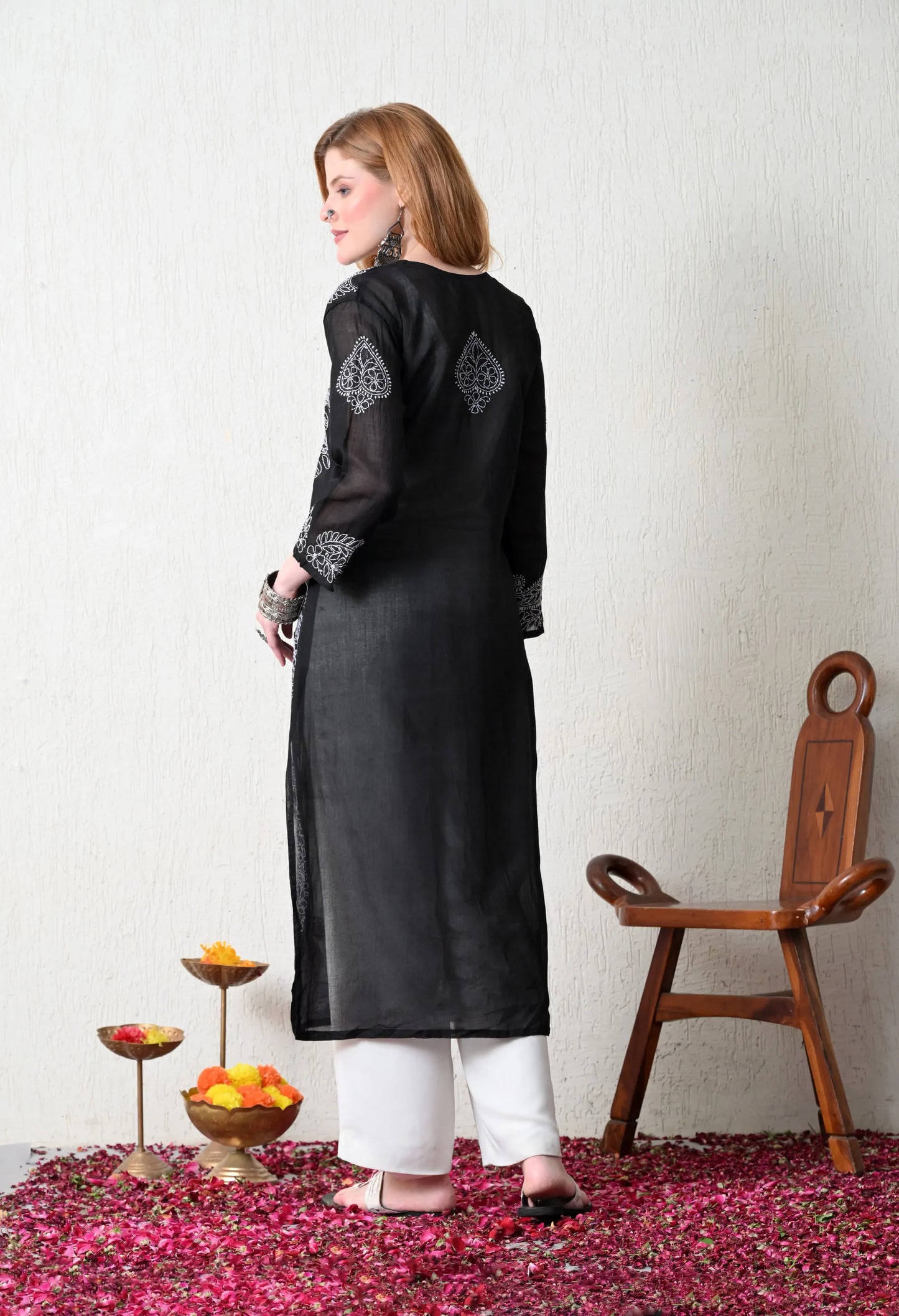 PURE COTTON CHIKAN HANDWORK LONG KURTI | BLACK