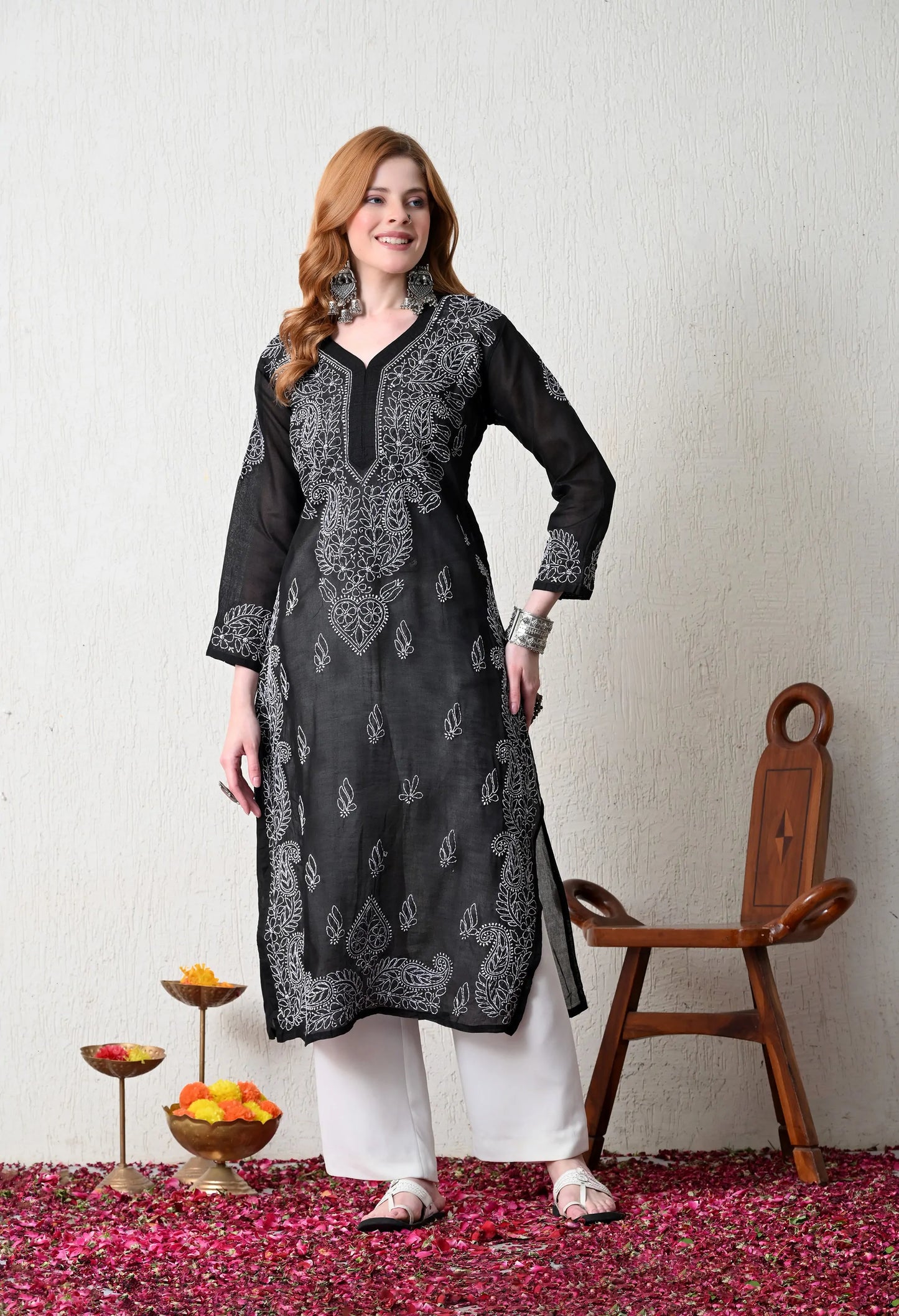 PURE COTTON CHIKAN HANDWORK LONG KURTI | BLACK