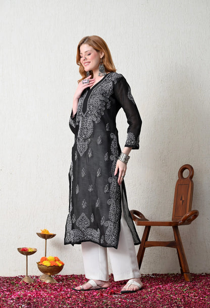PURE COTTON CHIKAN HANDWORK LONG KURTI | BLACK