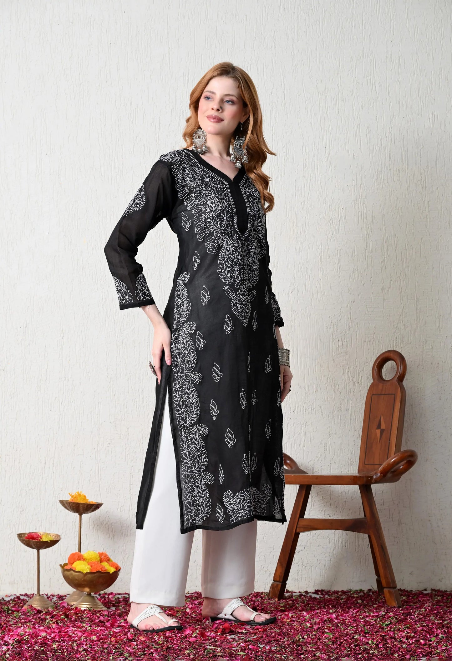 PURE COTTON CHIKAN HANDWORK LONG KURTI | BLACK