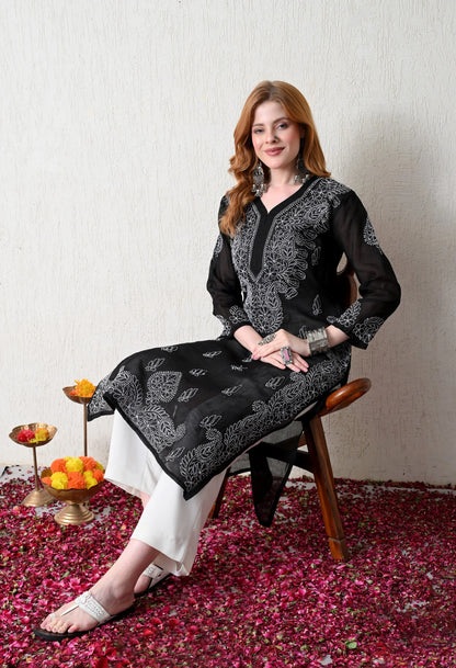PURE COTTON CHIKAN HANDWORK LONG KURTI | BLACK