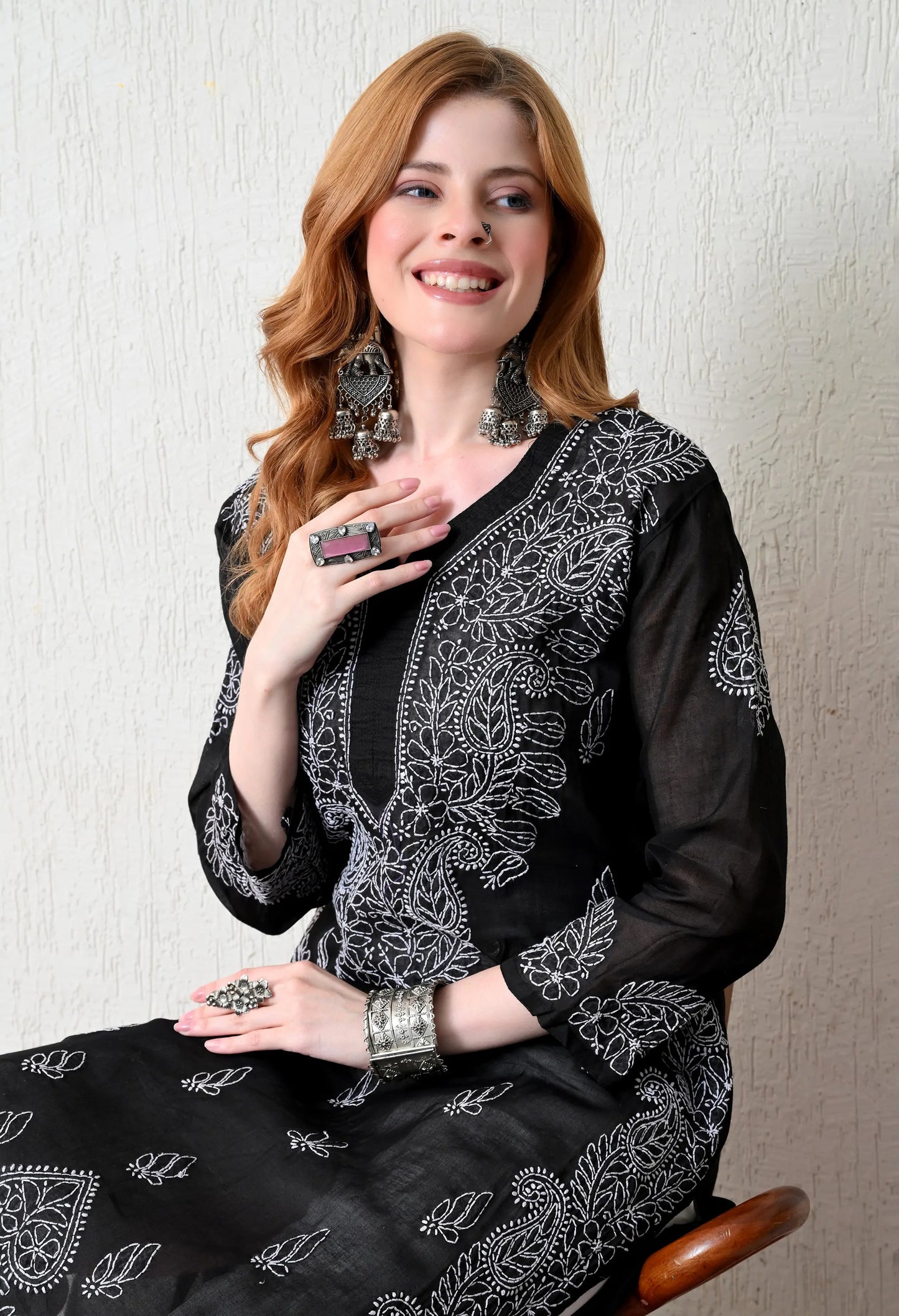 PURE COTTON CHIKAN HANDWORK LONG KURTI | BLACK
