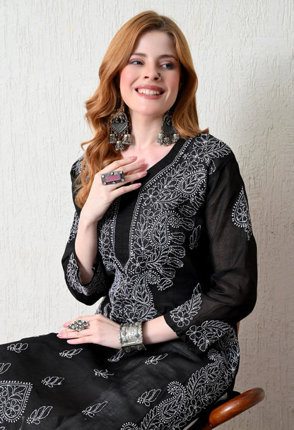 PURE COTTON CHIKAN HANDWORK LONG KURTI | BLACK