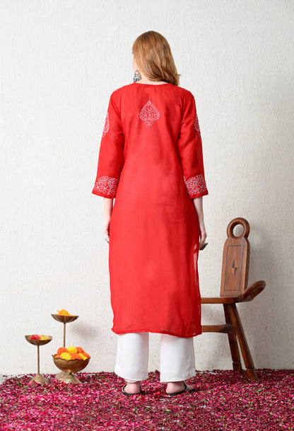 PURE COTTON CHIKAN HANDWORK LONG KURTI | RED