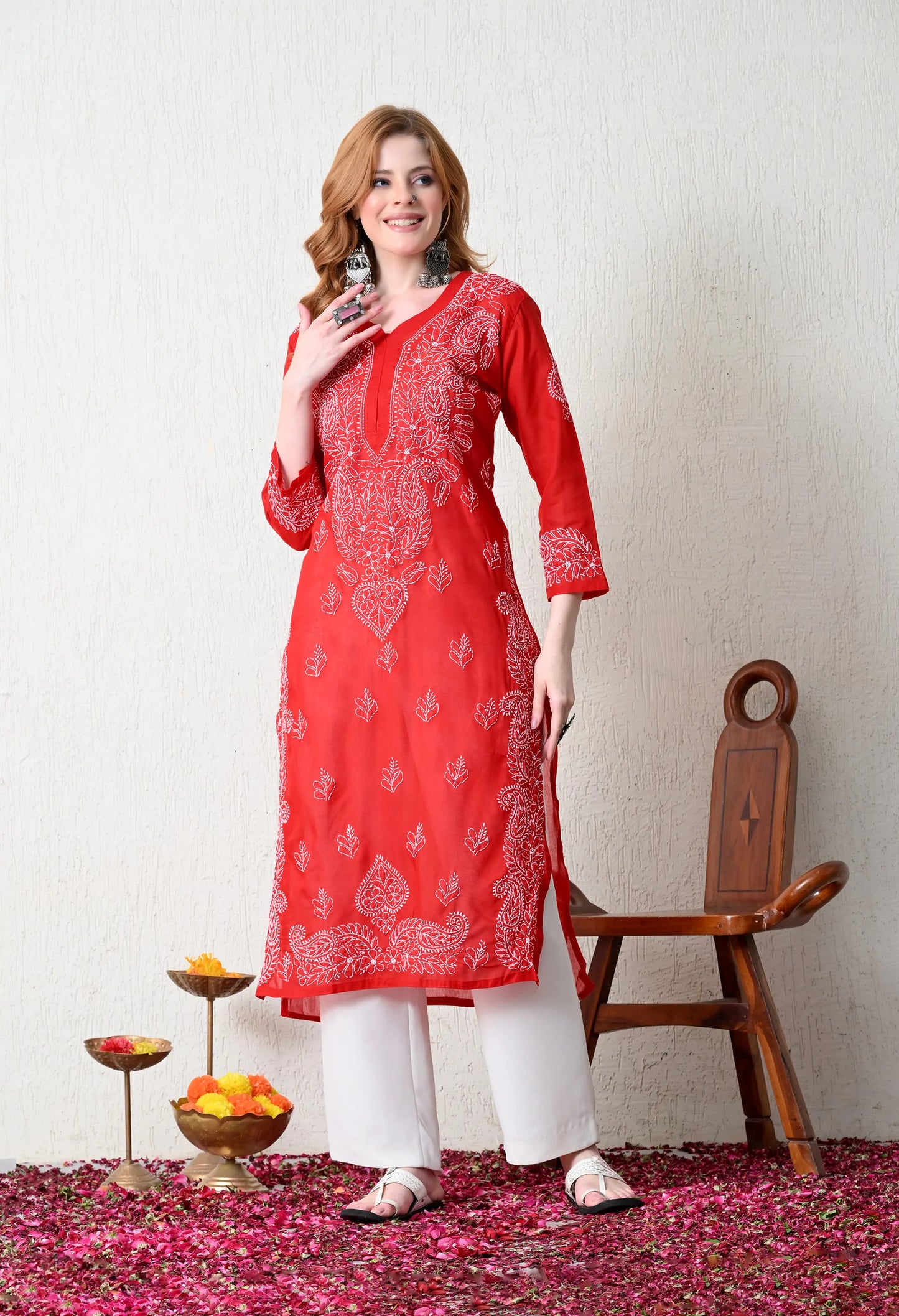 PURE COTTON CHIKAN HANDWORK LONG KURTI | RED