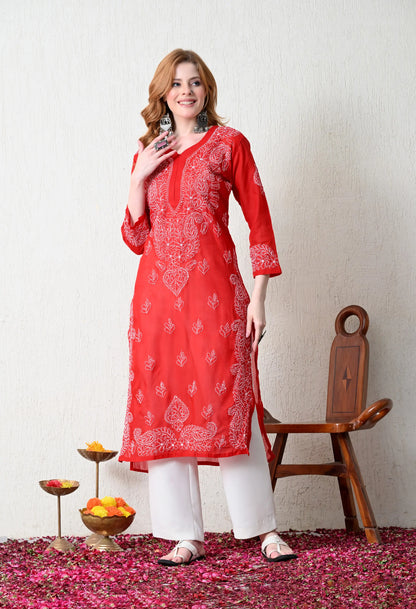 PURE COTTON CHIKAN HANDWORK LONG KURTI | RED