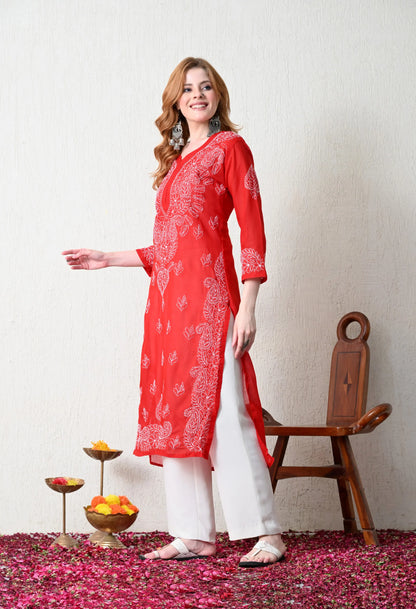 PURE COTTON CHIKAN HANDWORK LONG KURTI | RED