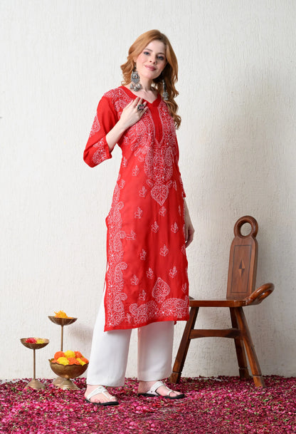 PURE COTTON CHIKAN HANDWORK LONG KURTI | RED