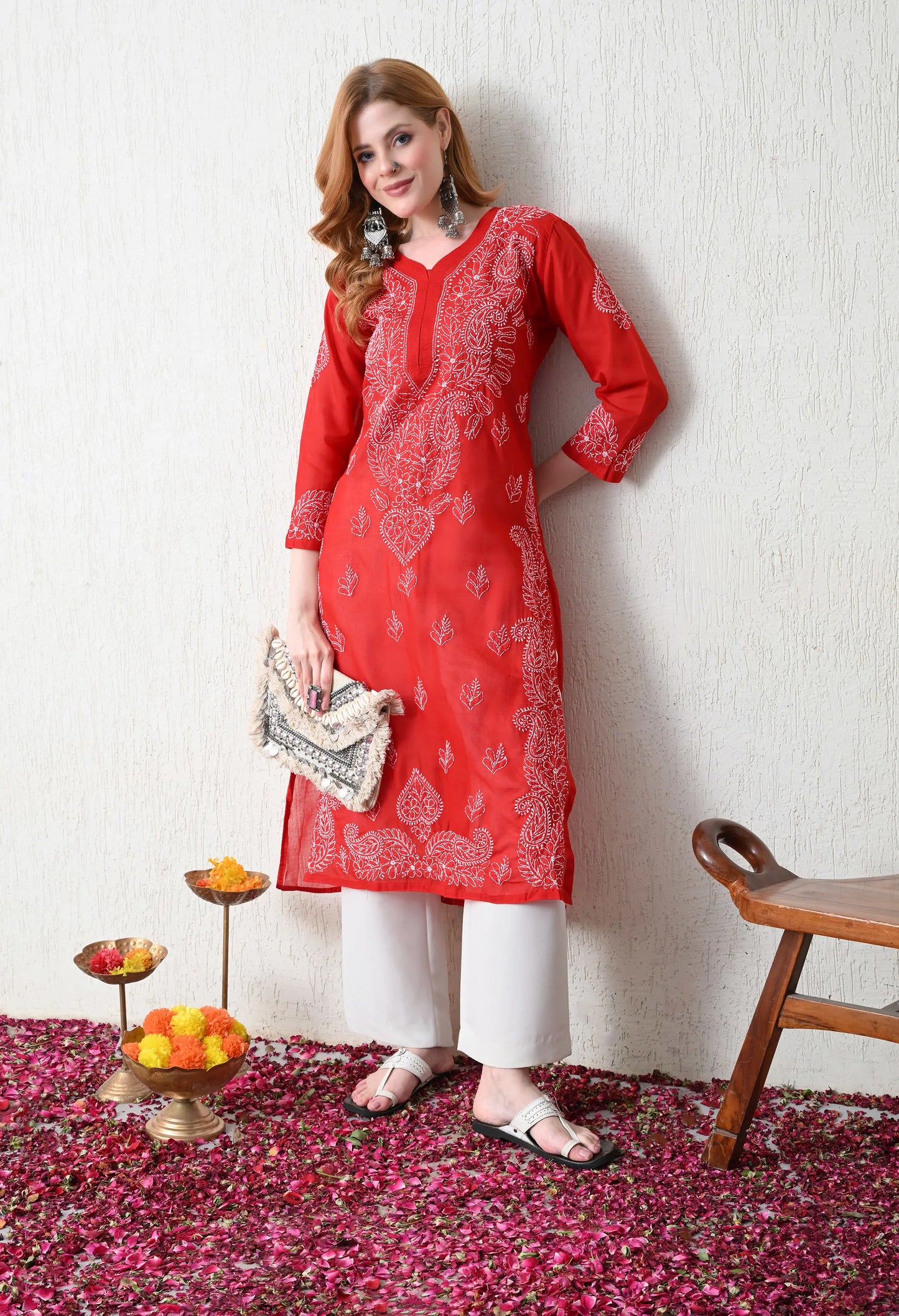 PURE COTTON CHIKAN HANDWORK LONG KURTI | RED