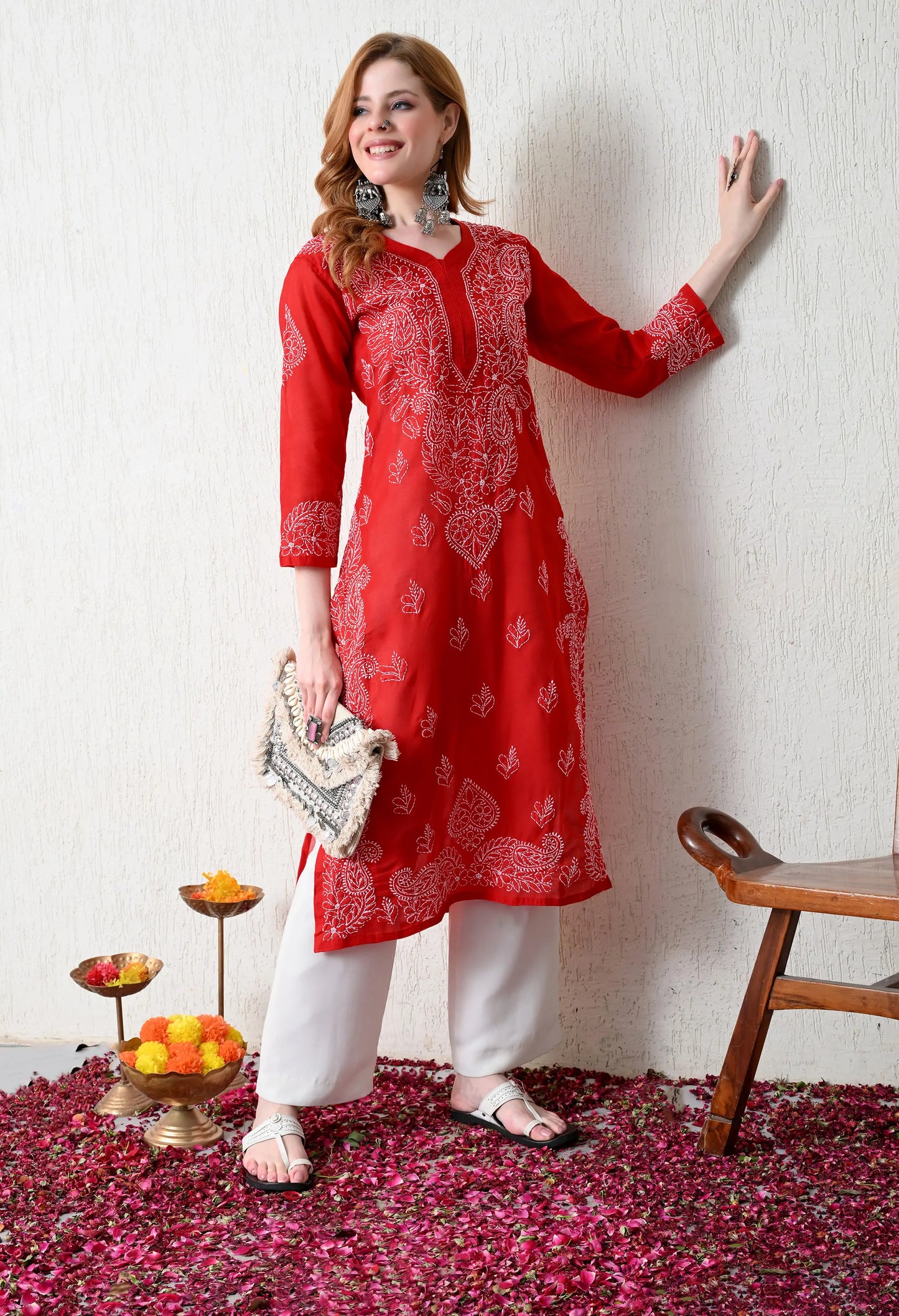 PURE COTTON CHIKAN HANDWORK LONG KURTI | RED