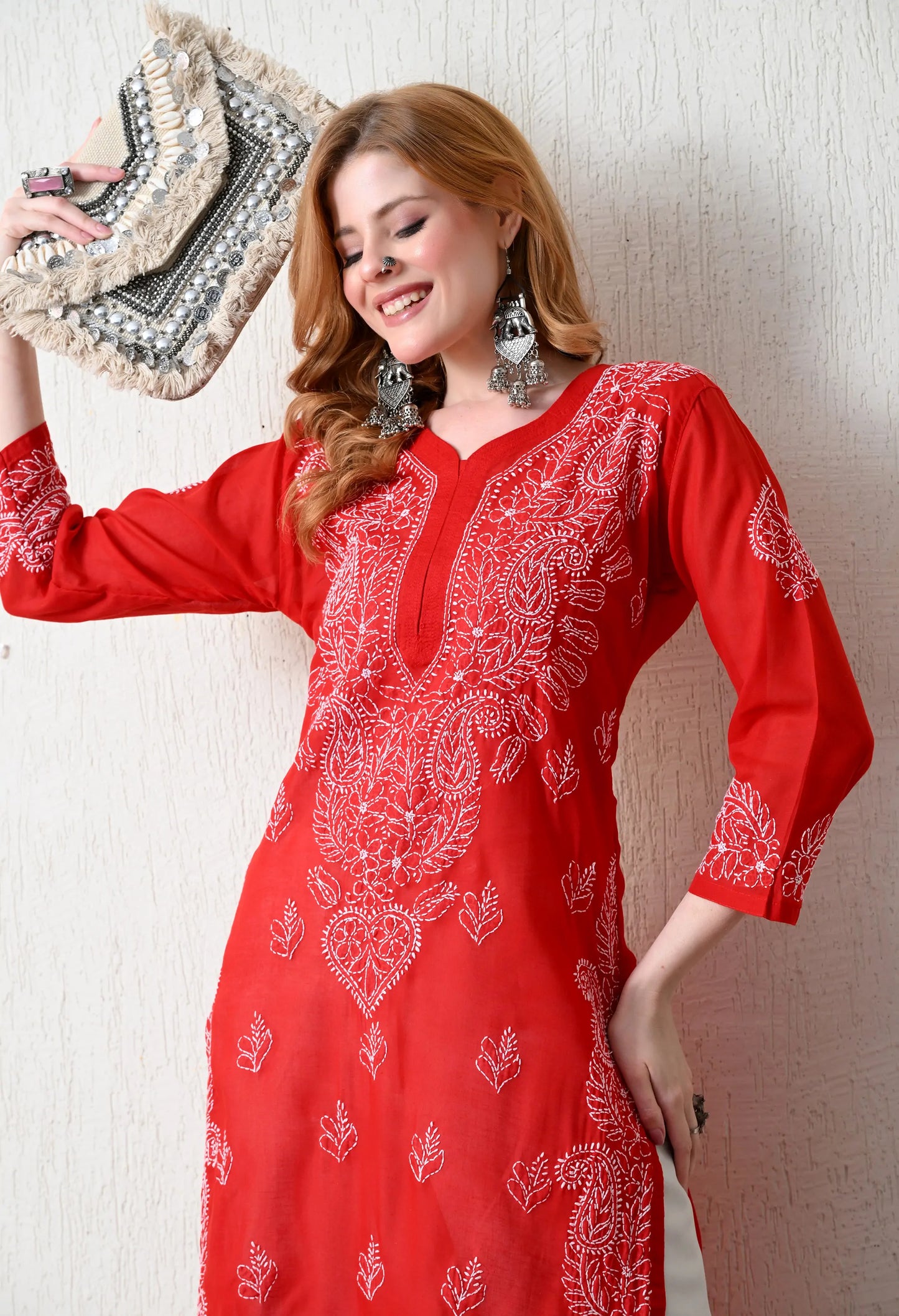 PURE COTTON CHIKAN HANDWORK LONG KURTI | RED