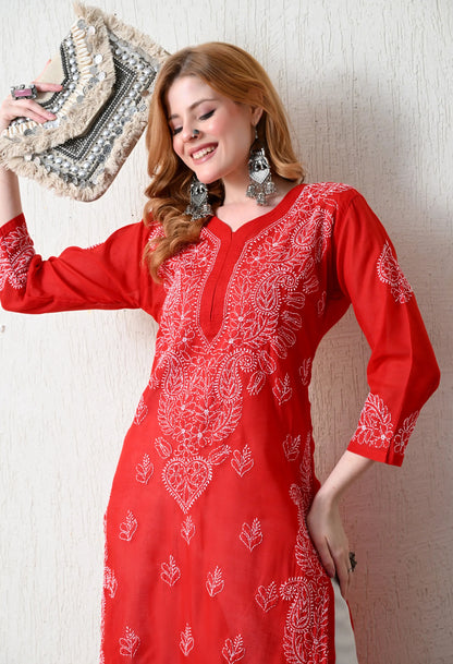 PURE COTTON CHIKAN HANDWORK LONG KURTI | RED