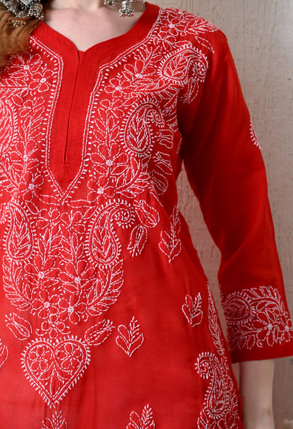 PURE COTTON CHIKAN HANDWORK LONG KURTI | RED