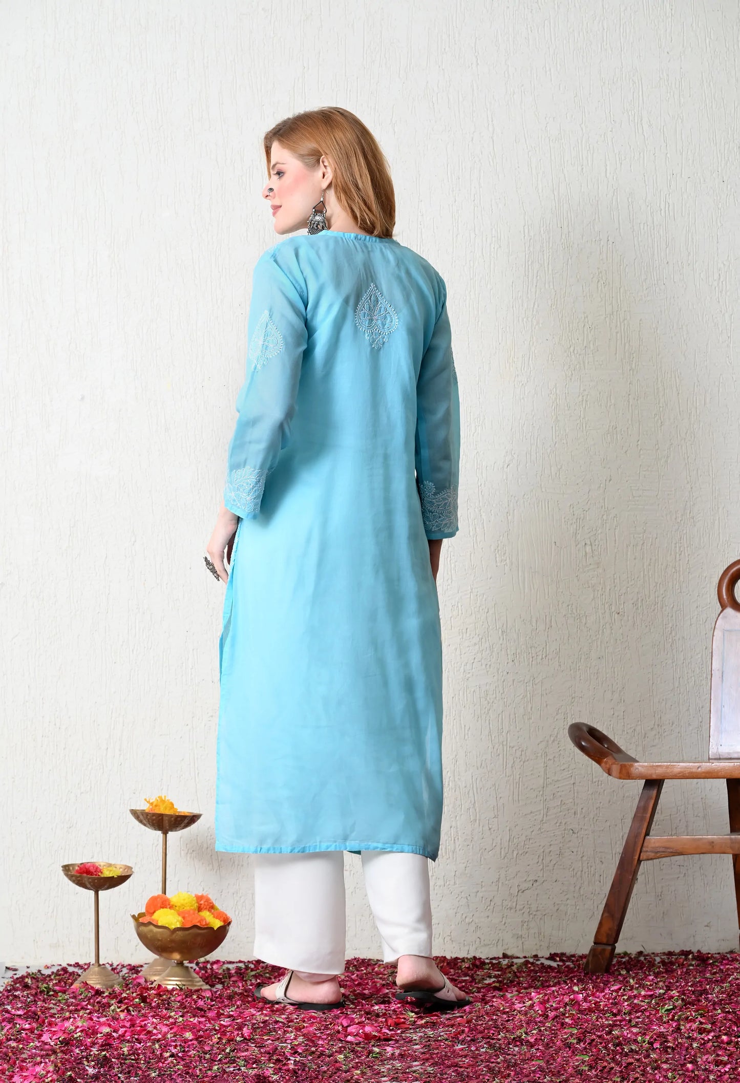 PURE COTTON CHIKAN HANDWORK LONG KURTI | SKY BLUE