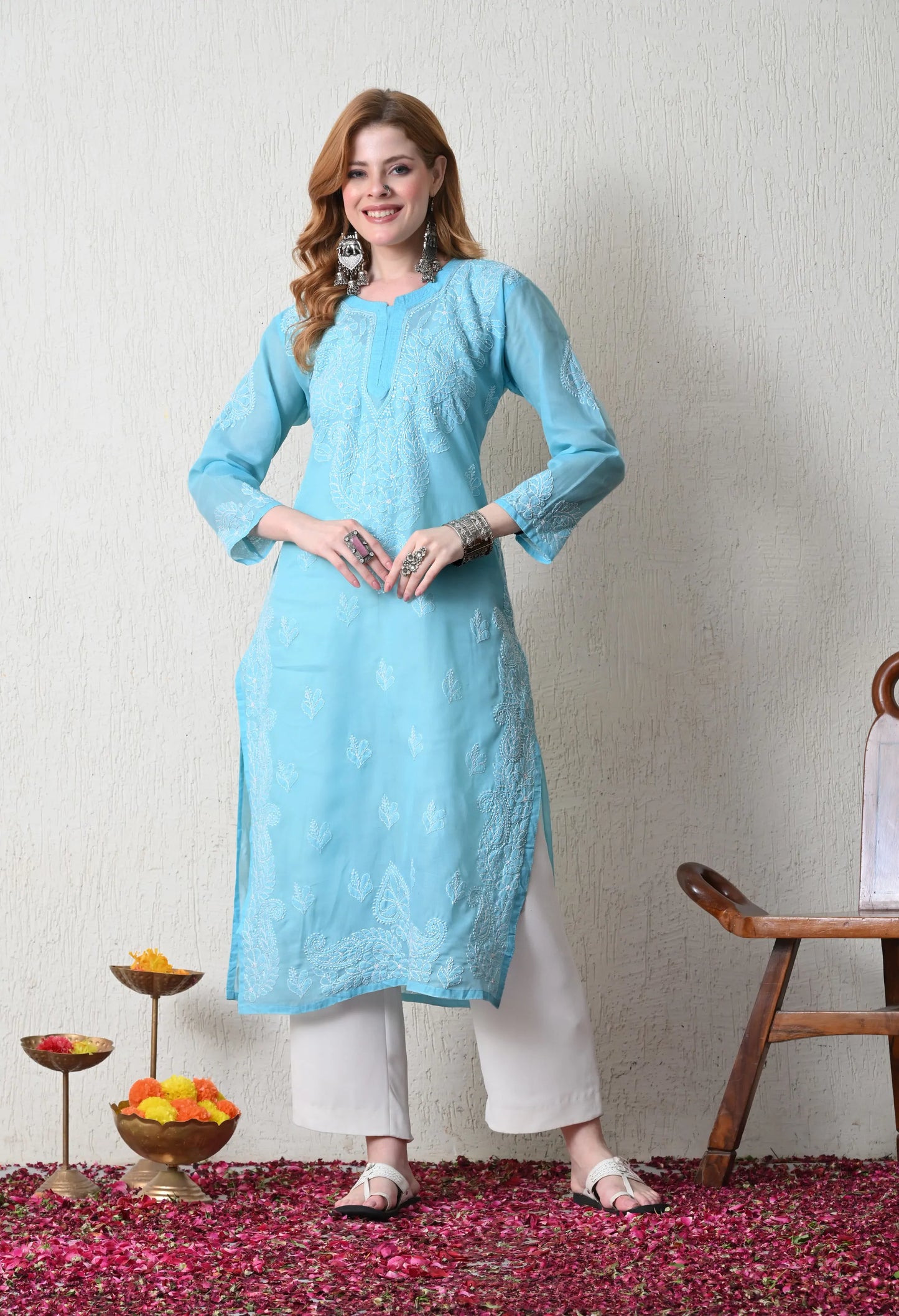 PURE COTTON CHIKAN HANDWORK LONG KURTI | SKY BLUE