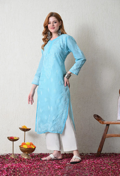 PURE COTTON CHIKAN HANDWORK LONG KURTI | SKY BLUE