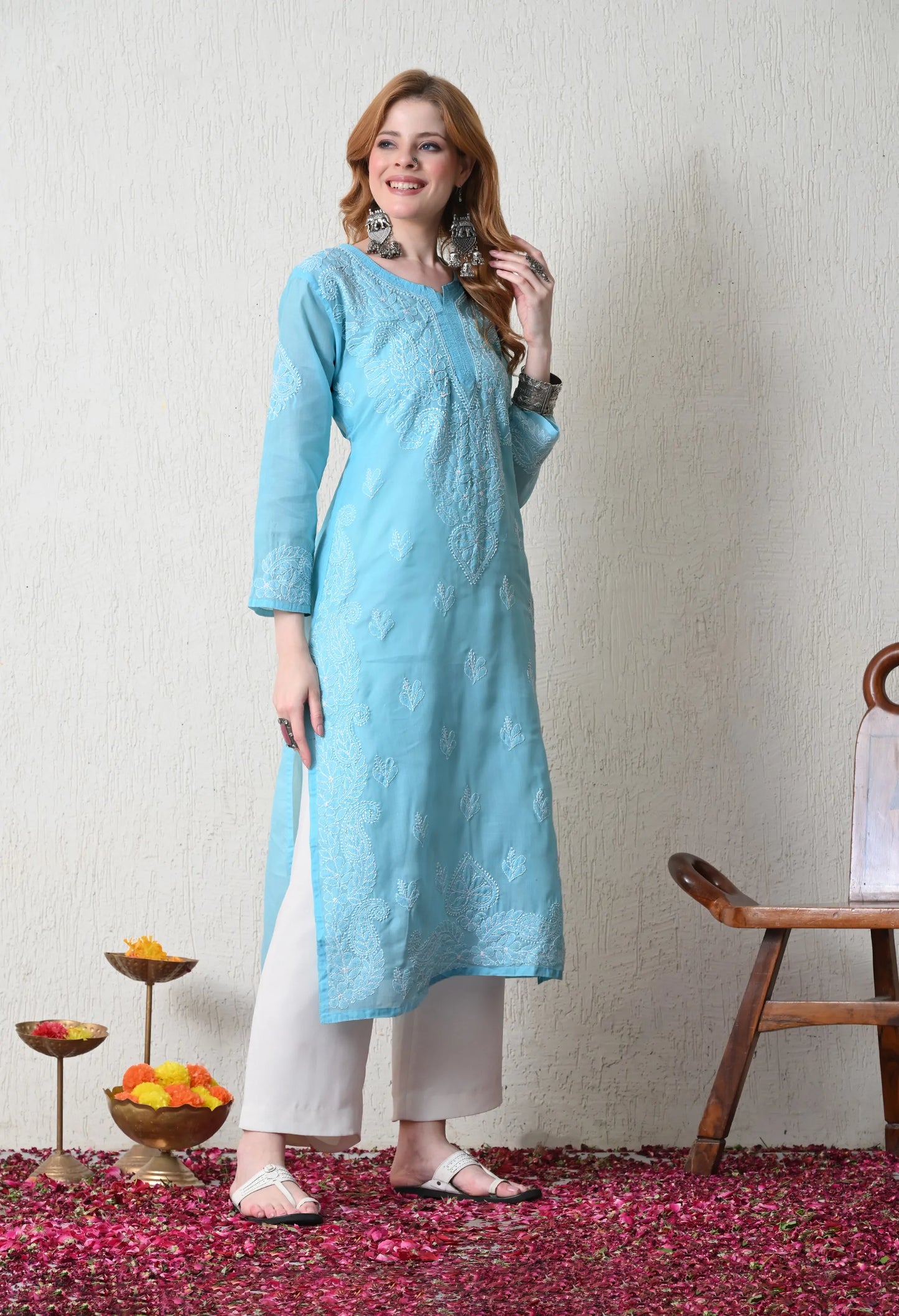 PURE COTTON CHIKAN HANDWORK LONG KURTI | SKY BLUE