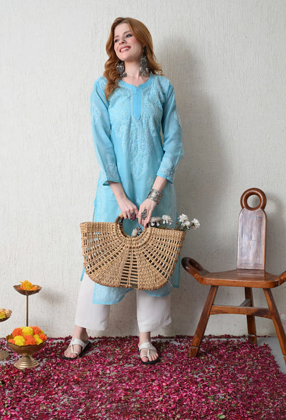 PURE COTTON CHIKAN HANDWORK LONG KURTI | SKY BLUE