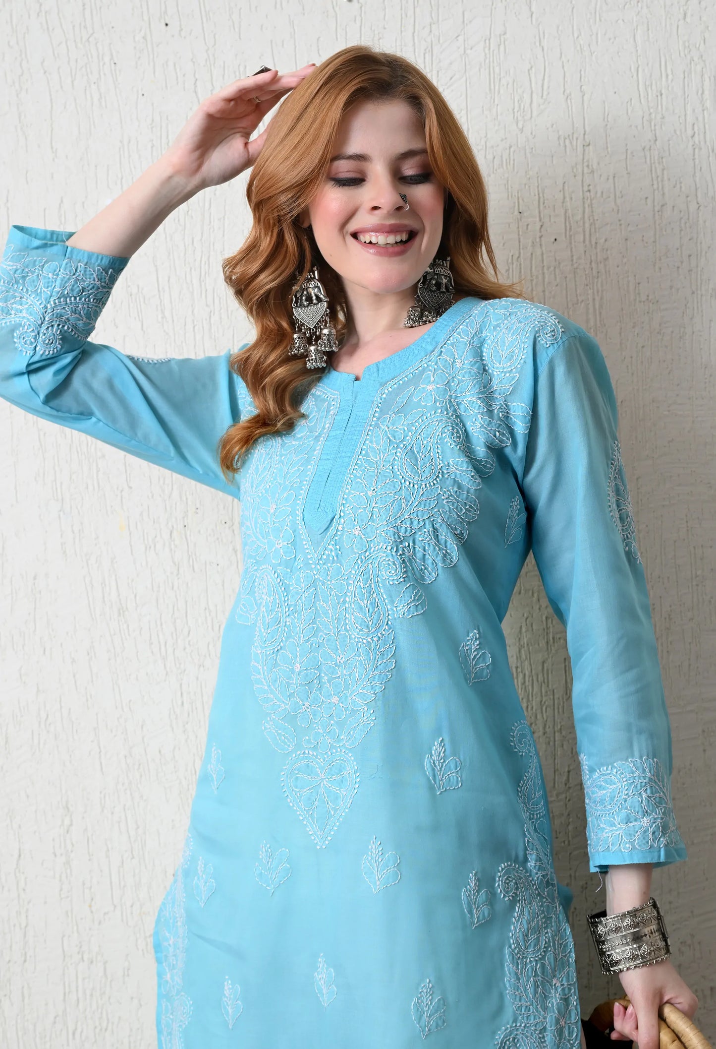 PURE COTTON CHIKAN HANDWORK LONG KURTI | SKY BLUE