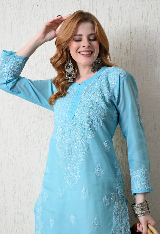 PURE COTTON CHIKAN HANDWORK LONG KURTI | SKY BLUE