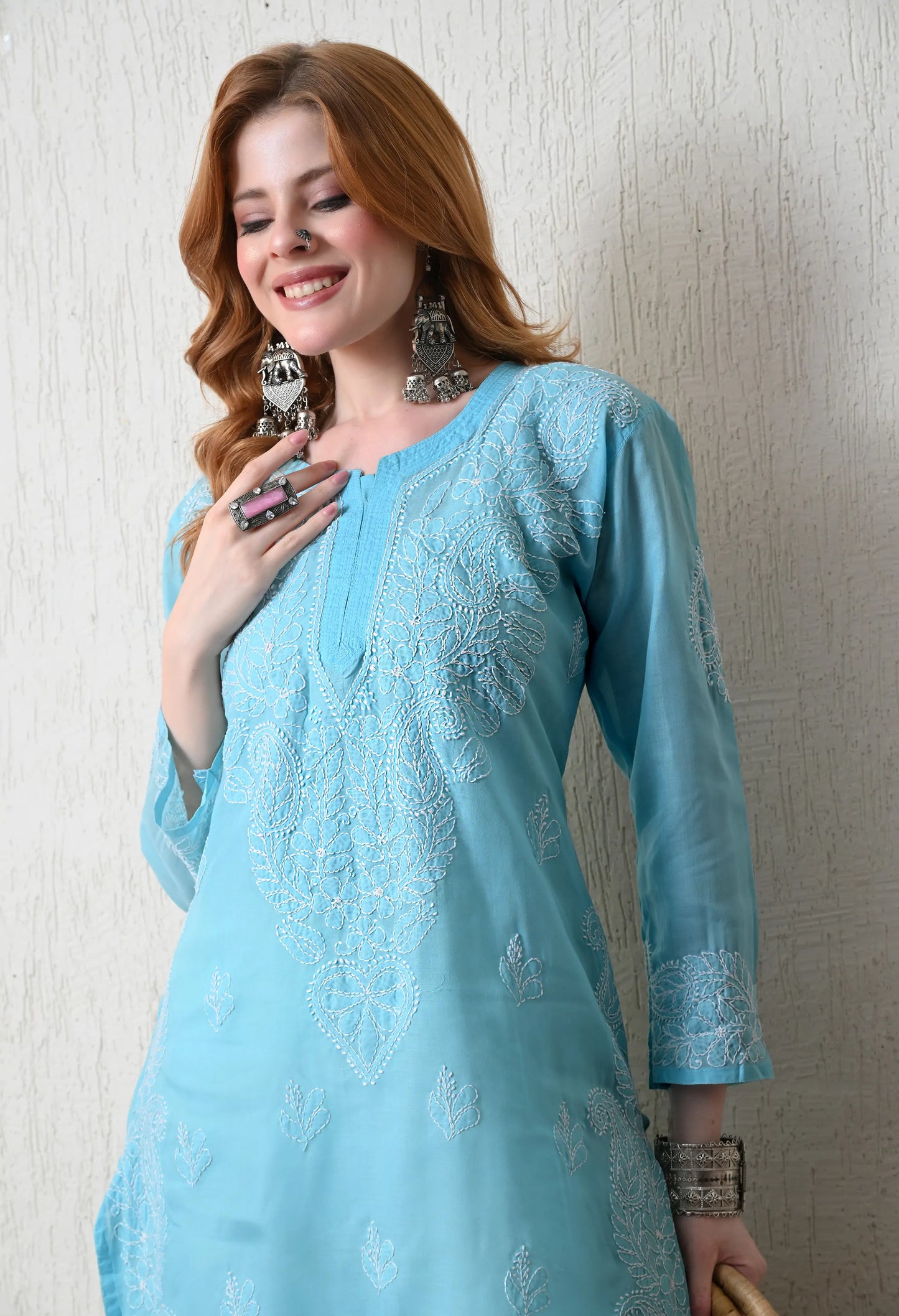 PURE COTTON CHIKAN HANDWORK LONG KURTI | SKY BLUE