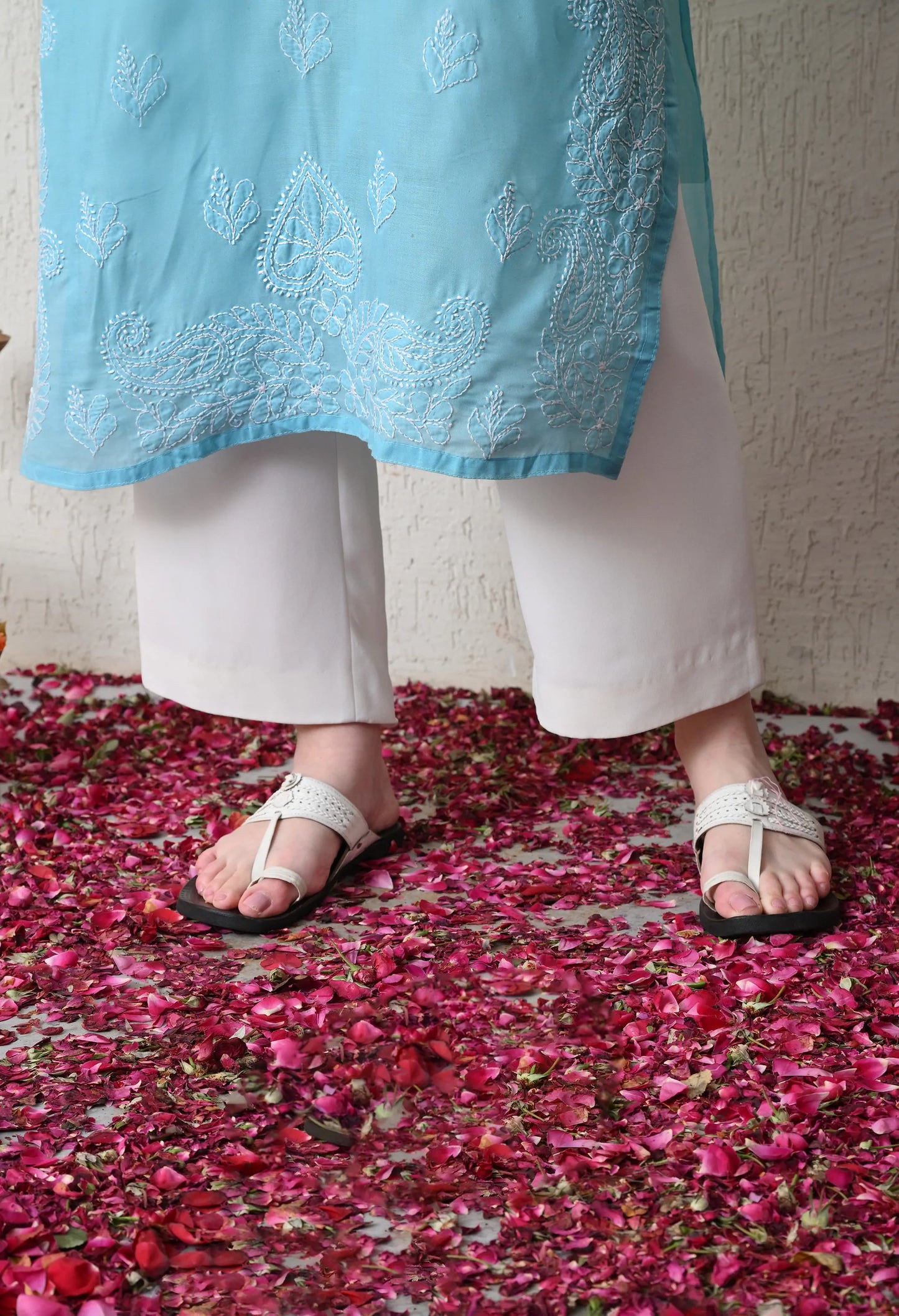PURE COTTON CHIKAN HANDWORK LONG KURTI | SKY BLUE