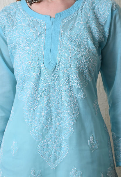 PURE COTTON CHIKAN HANDWORK LONG KURTI | SKY BLUE