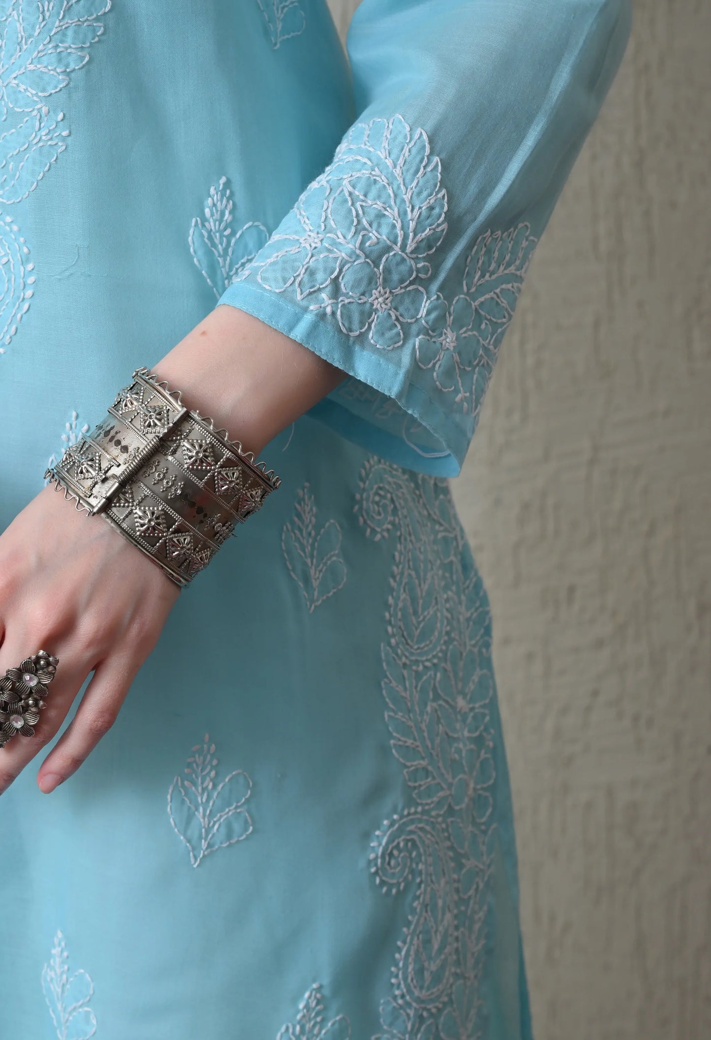 PURE COTTON CHIKAN HANDWORK LONG KURTI | SKY BLUE