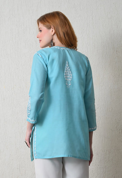 Women Hand Embroidered Lucknowi Chikankari Cotton Straight Short Top | Sky Blue