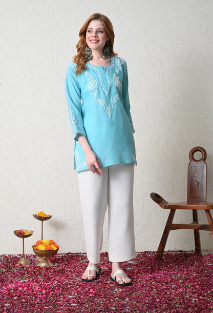 Women Hand Embroidered Lucknowi Chikankari Cotton Straight Short Top | Sky Blue