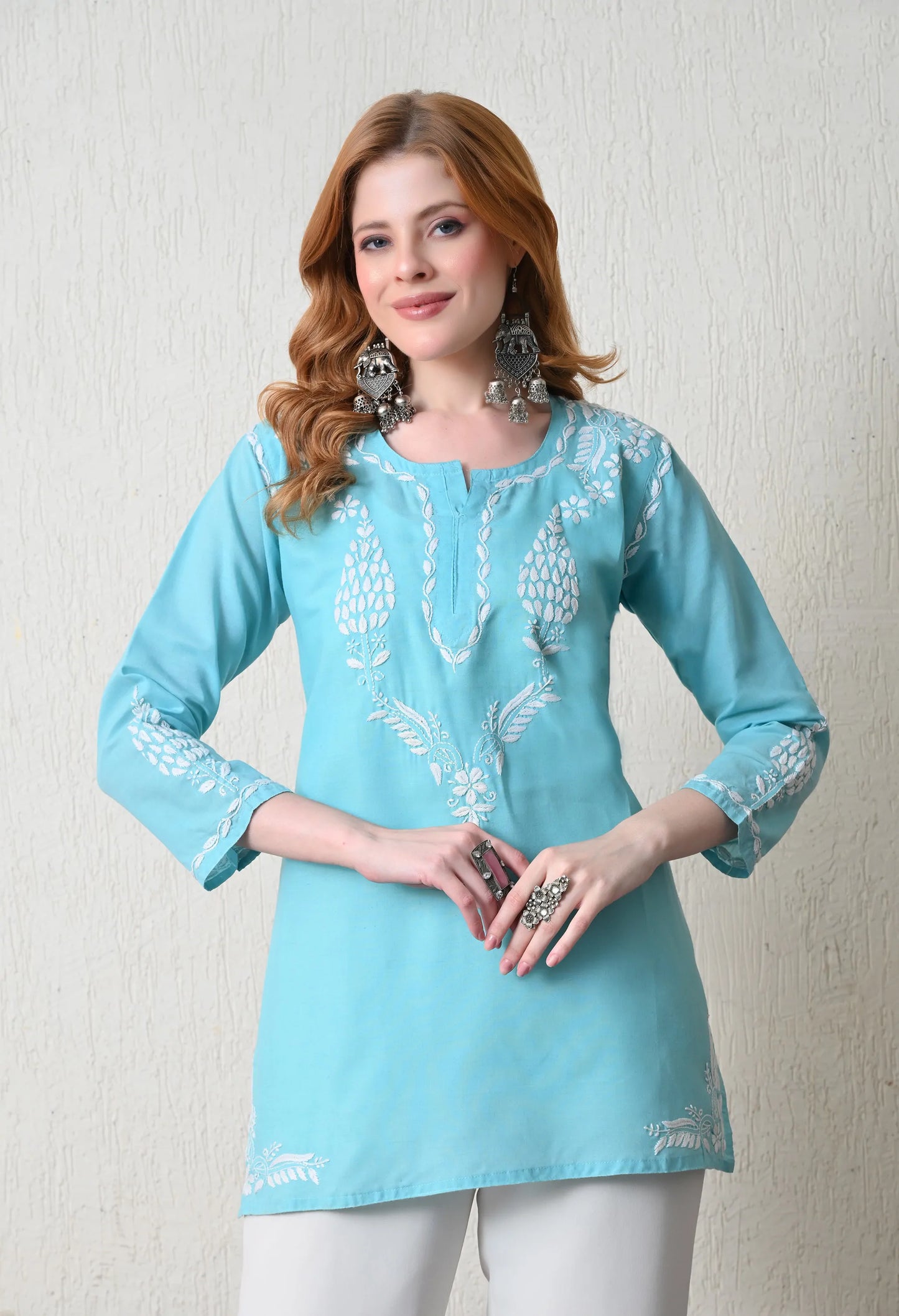 Women Hand Embroidered Lucknowi Chikankari Cotton Straight Short Top | Sky Blue