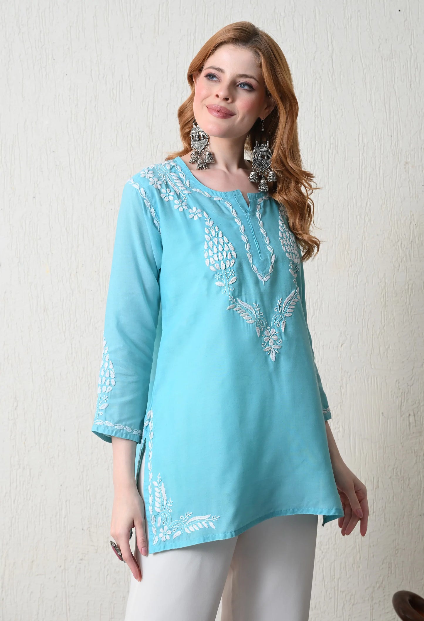 Women Hand Embroidered Lucknowi Chikankari Cotton Straight Short Top | Sky Blue