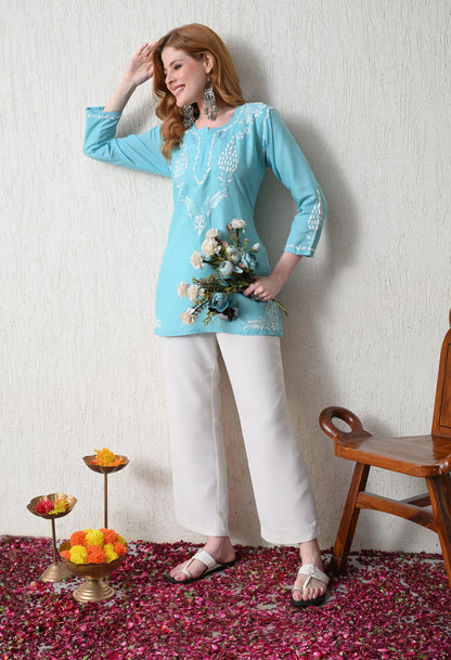 Women Hand Embroidered Lucknowi Chikankari Cotton Straight Short Top | Sky Blue