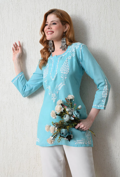 Women Hand Embroidered Lucknowi Chikankari Cotton Straight Short Top | Sky Blue