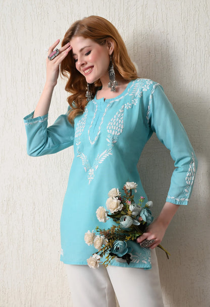 Women Hand Embroidered Lucknowi Chikankari Cotton Straight Short Top | Sky Blue