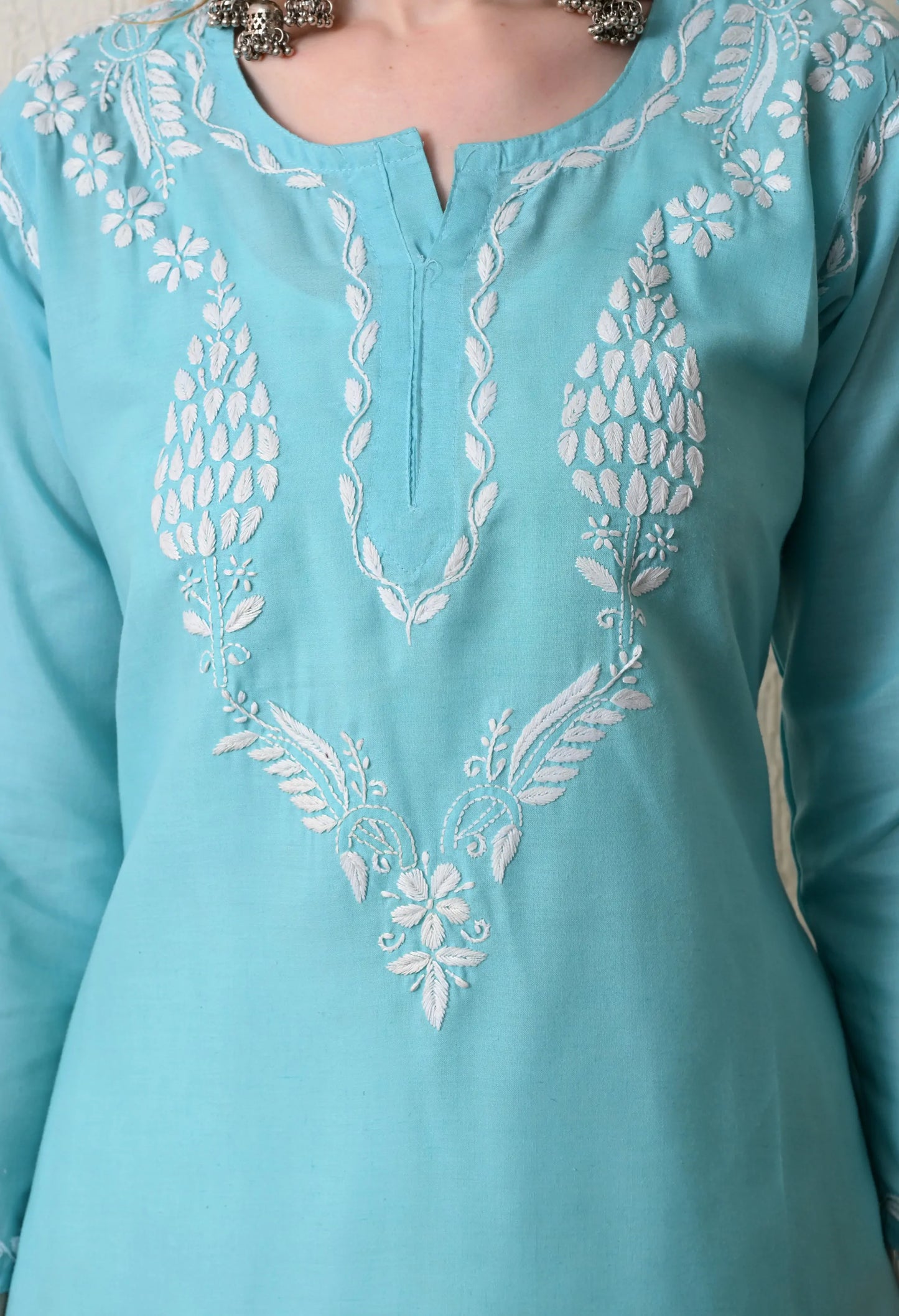 Women Hand Embroidered Lucknowi Chikankari Cotton Straight Short Top | Sky Blue