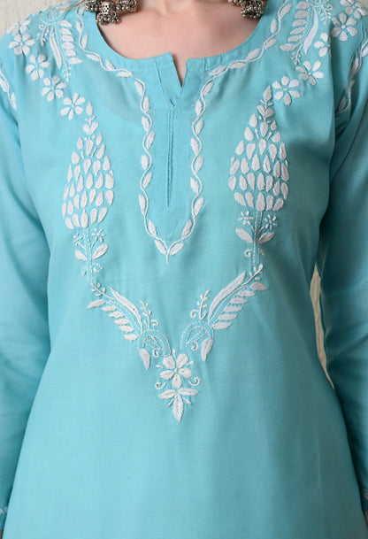 Women Hand Embroidered Lucknowi Chikankari Cotton Straight Short Top | Sky Blue