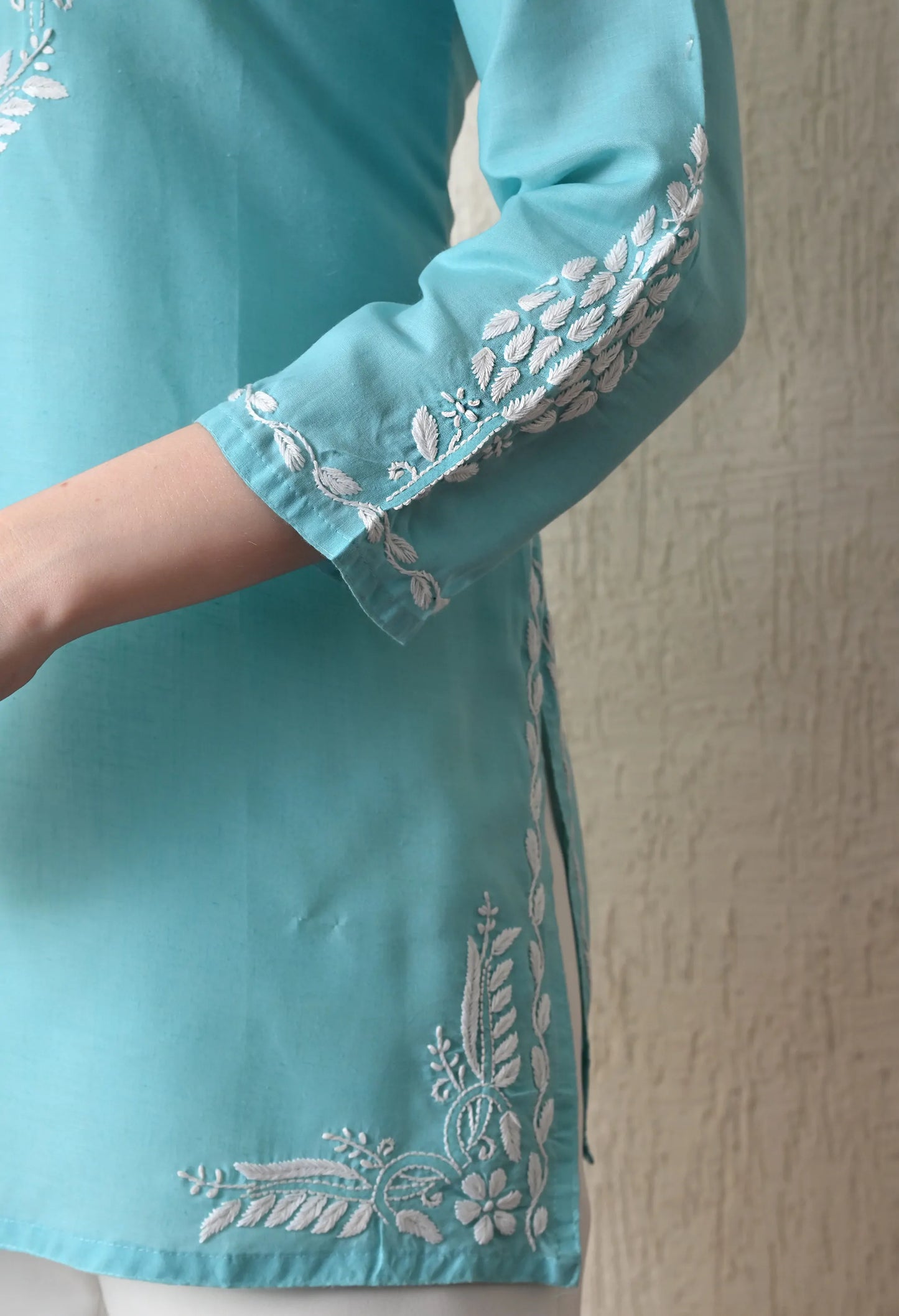 Women Hand Embroidered Lucknowi Chikankari Cotton Straight Short Top | Sky Blue