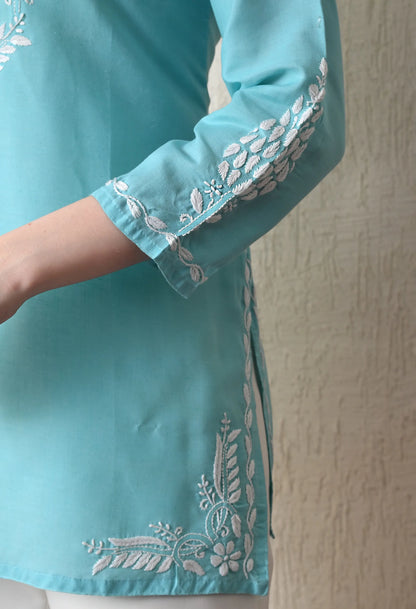 Women Hand Embroidered Lucknowi Chikankari Cotton Straight Short Top | Sky Blue